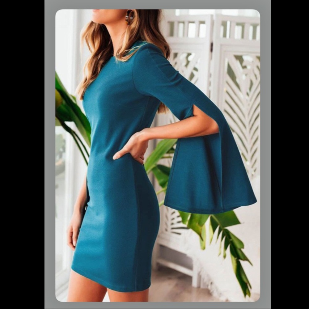 Teal Long Sleeve dress sheath mini dress